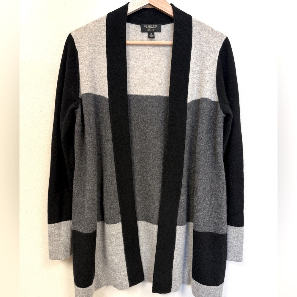 Charter Club Pure Cashmere Checkered Cardigan Black & Gray Color Block Sweater S